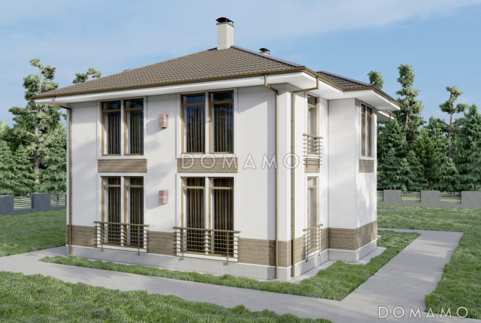 Проект двухэтажного дома с камином в гостиной и тремя спальнями