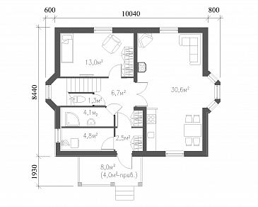Проект практичного коттеджа в стиле фахверк / План 1 этажа