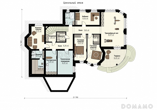 Проект семейного родового дома с террасой, балконами, кабинетами, спортивным залом, сауной / План цокольного этажа