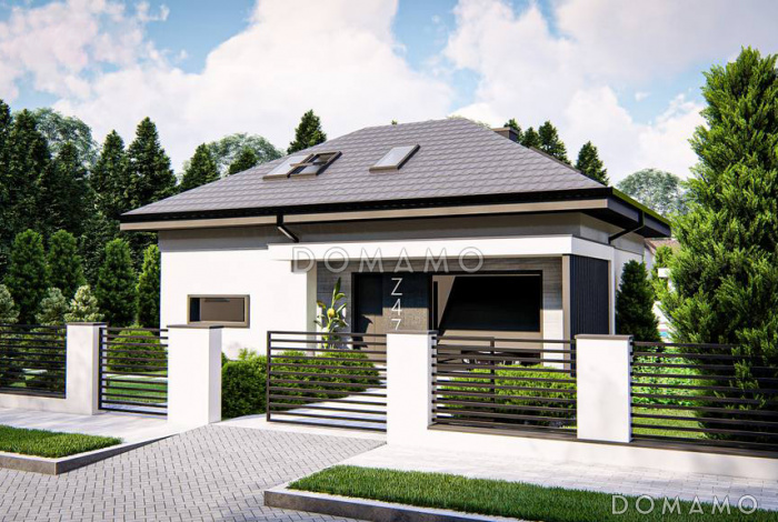 Проект загородного дома с гаражом на одну машину, кладовой на кухне, мастер-спальней в мансарде