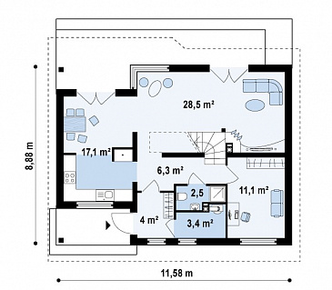 Проект одноэтажного мансардного дома из кирпича с тремя комнатами и кабинетом / План 1 этажа