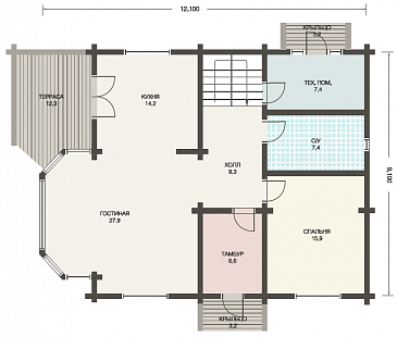 Проект дома из клееного бруса с гостиной, совмещенной с кухней-столовой / План 1 этажа