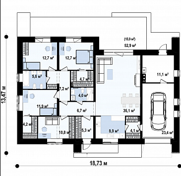 Проект одноэтажного дома с гаражом, просторной гостиной с выходом на террасу, кладовой на кухне / План 1 этажа