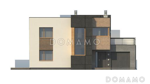 Проект современного двухэтажного дома из газобетона с техническим помещением, гаражом и открытой террасой на втором этаже / Фасад 1