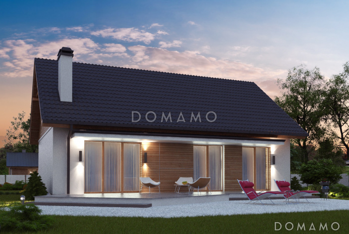 Проект простого компактного одноэтажного дома из кирпича с двумя спальнями и просторным хозяйственным помещением