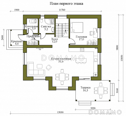 Проект двухэтажного газобетонного дома со вторым светом и детской на втором этаже / План 1 этажа