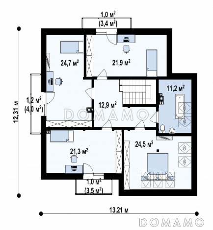 Проект дома с гаражом на две машины, спальней на первом этаже,  балконами и террасой / План мансардного этажа