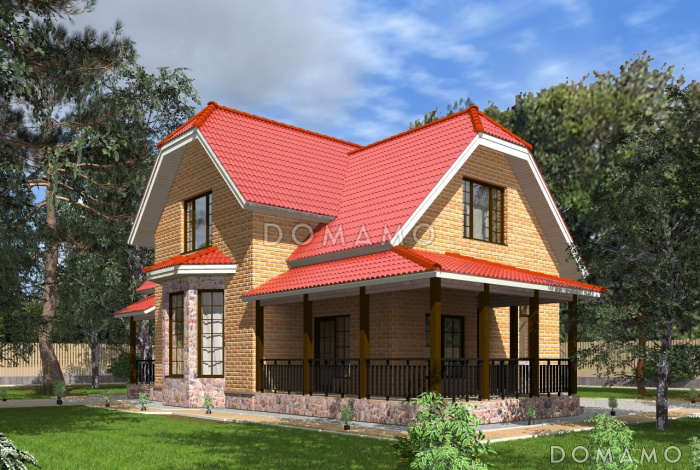 Проект полутораэтажного коттеджа с яркой облицовкой и открытой террасой