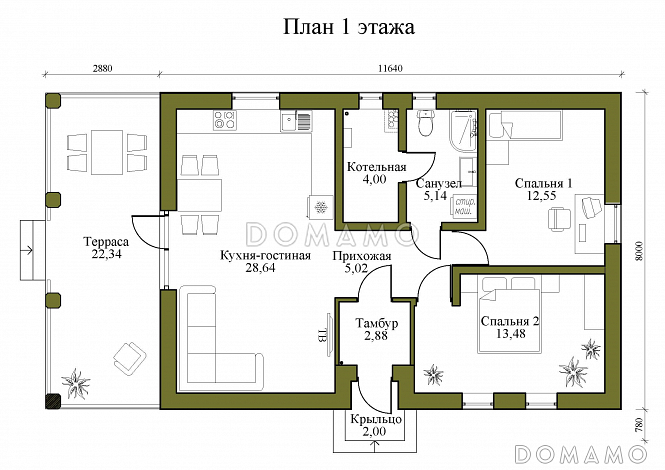 Проект одноэтажного каркасного дома с большой террасой и двумя спальнями / План 1 этажа