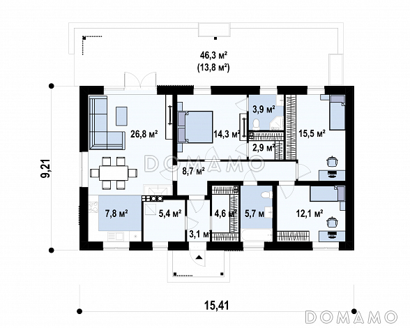 Проект загородного дома с удобной планировкой, мастер-спальней, ванной с окном, террасой / План 1 этажа