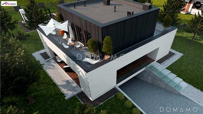 Проект современного двухэтажного дома из кирпича с подземным гаражом и террасой на втором этаже по периметру дома