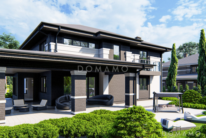 Проект двухэтажного дома с гаражом, большой крытой террасой, просторной хозяйской спальней с балконом