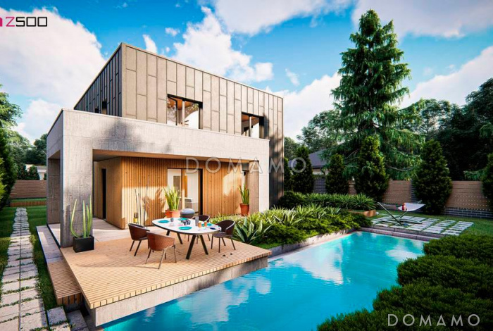 Проект двухэтажного загородного дома с гаражом, входом на кухню из гостиной и прихожей, кладовой, санузлом под лестницей