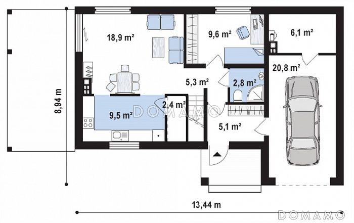 Проект двухэтажного дома из кирпича с четырьмя комнатами, с гаражом и террасой над ним / План 1 этажа