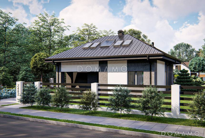 Проект загородного дома с мансардой, гаражом, просторной гостиной с камином, тремя спальнями на мансарде