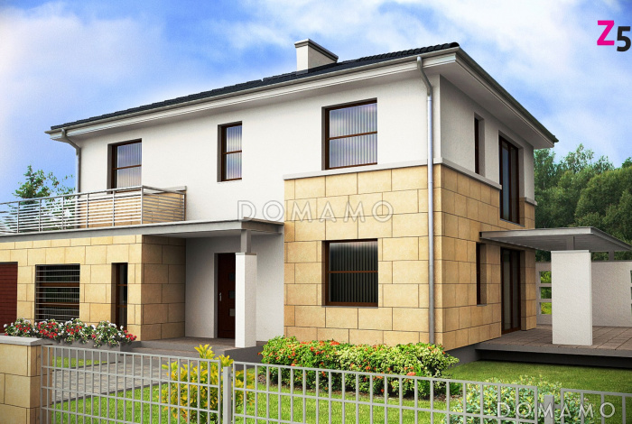 Проект двухэтажного дома из кирпича с гаражом и большой террасой на втором этаже