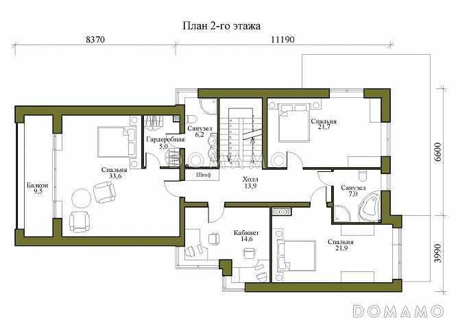 Проект трехэтажного дома в стиле хай-тек с гаражом на две машины и балконом над ним / План 2 этажа