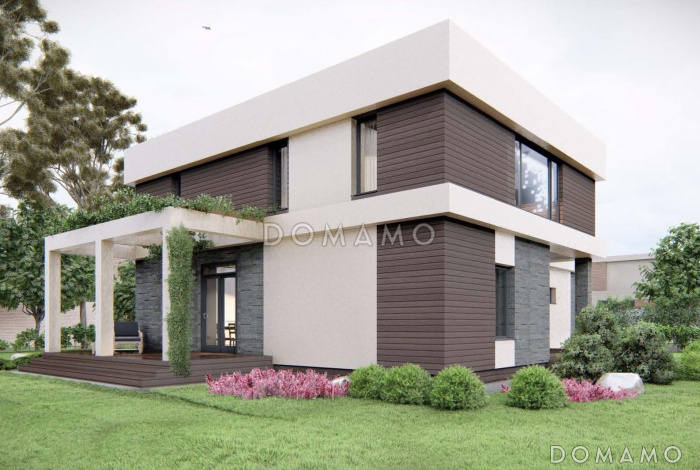 Проект загородного дома с плоской кровлей в стиле хай-тек S-228