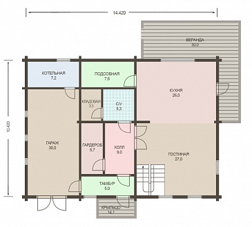 Проект деревянного дома из клееного бруса с встроенным гаражом / План 1 этажа