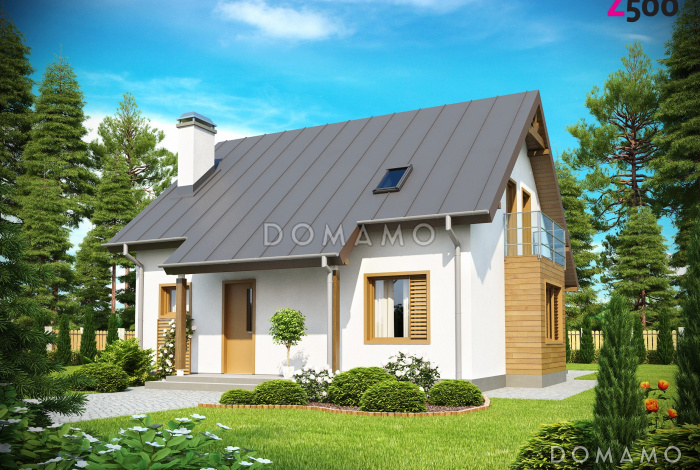 Проект одноэтажного мансардного дома из кирпича с прямоугольным эркером и балконом