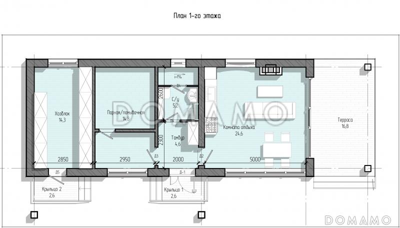 Проект бани с большой комнатой отдыха и крытой террасой / План 1 этажа