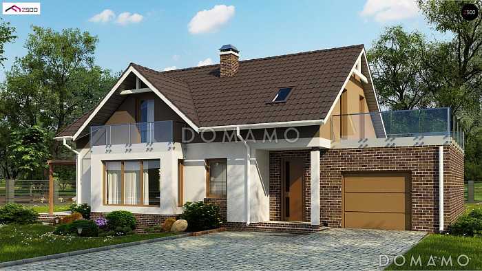 Проект одноэтажного дома с мансардным этажом из газобетона с кабинетом, гаражом и террасой над ним