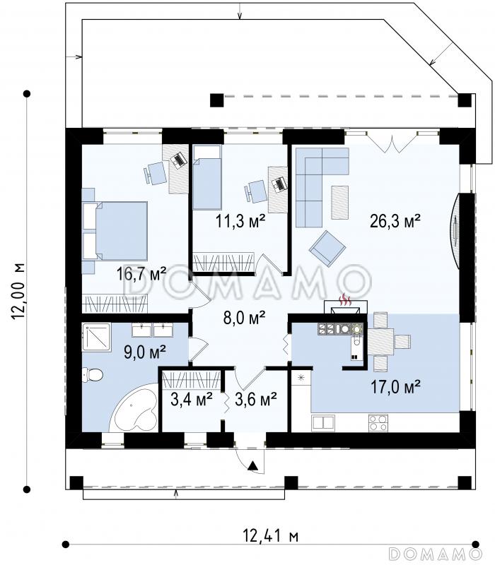 Проект компактного одноэтажного дома из кирпича с двумя спальнями, светлой просторной дневной зоной и большой открытой террасой / План 1 этажа