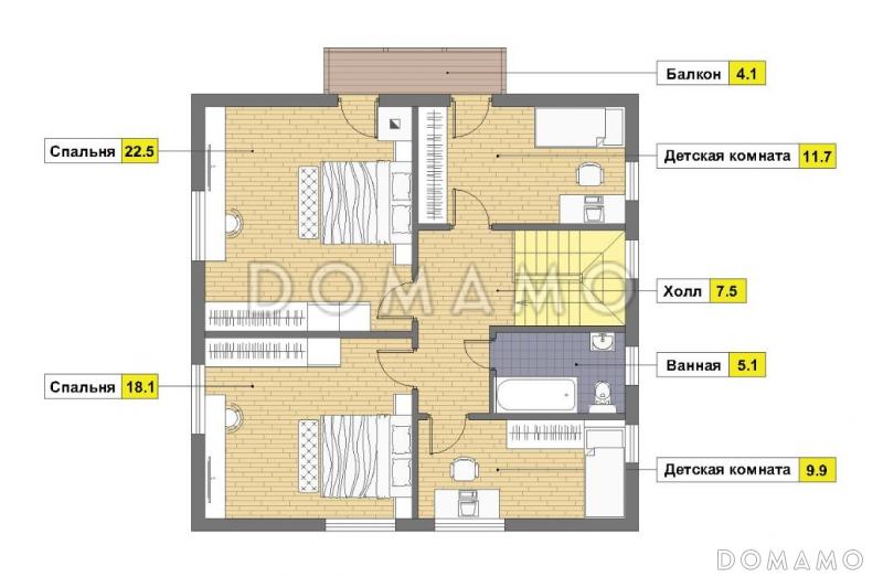 Проект каркасного дома с эркером и спальней на первом этаже / План мансардного этажа