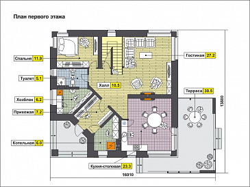 Проект двухэтажного квадратного дома с отрытой террасой, спальней на первом этаже, большой ванной / План 1 этажа
