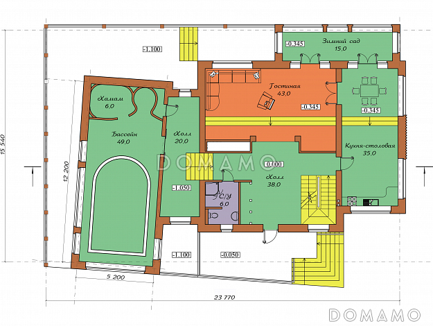 Проект двухэтажного коттеджа с мансардой, цоколем, бассейном и зимним садом / План 1 этажа