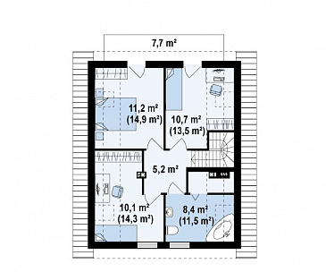 Проект простого одноэтажного мансардного дома из газобетона с тремя спальнями / План мансардного этажа