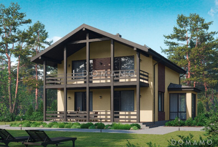 Проект дома с двумя террасами, эркером, просторной гостиной, кабинетом