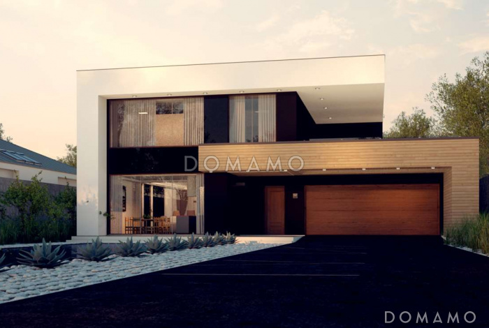 Проект современного двухэтажного дома из кирпича с тремя спальнями, спортзалом, сауной и гаражом для двух автомобилей