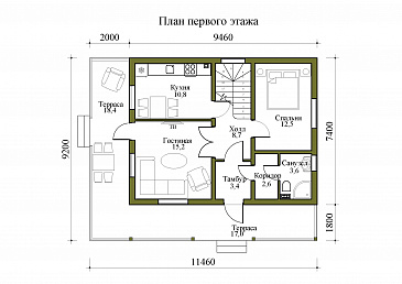 Проект двухэтажного дома с крытой и открытой террасами / План 1 этажа