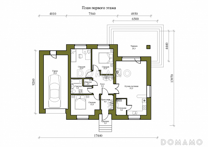 Проект одноэтажного кирпичного дома с тремя спальнями, гаражом и террасой / План 1 этажа