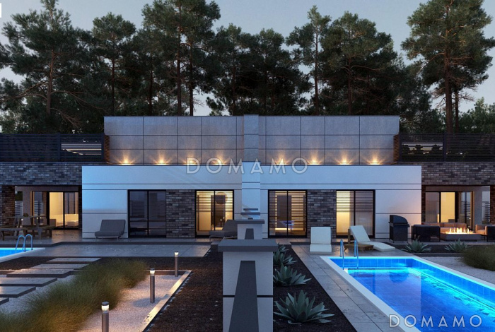 Проект современного двухуровневого дома из кирпича с плоской крышей, террасами и гаражом 