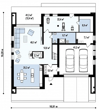 Проект современного двухэтажного дома из газобетона с тремя спальнями, спортзалом, сауной и гаражом для двух автомобилей / План 1 этажа
