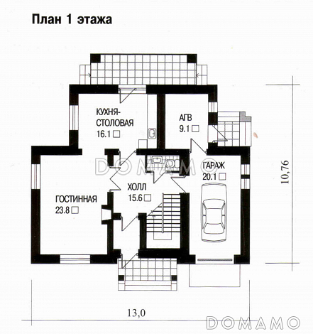 Проект дома с частичной облицовкой фасада облицовочным кирпичом / План 1 этажа