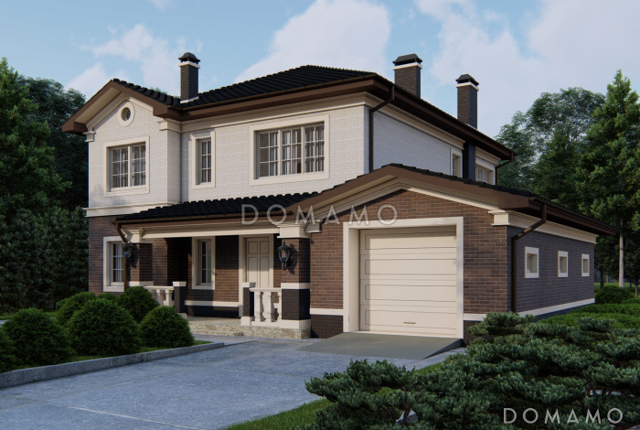 Проект дома с мастер-спальней с выходом на террасу, гостиной с камином, кладовой, гаражом