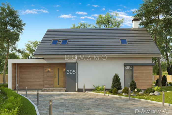 Проект одноэтажного мансардного дома из газобетона с тремя спальнями и пристроенным гаражом