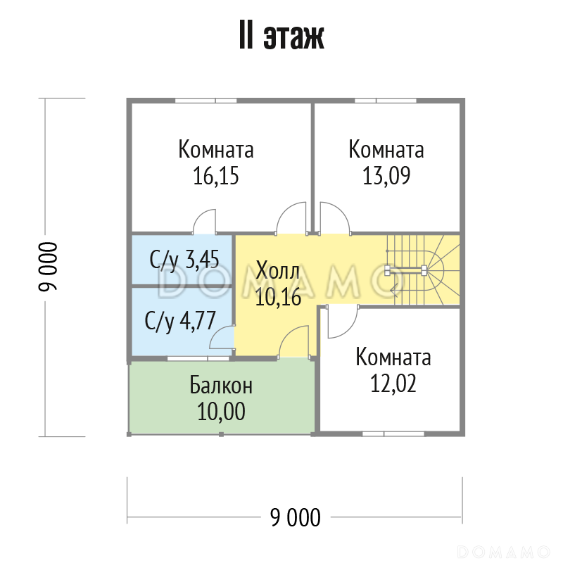 Проект двухэтажного дома из клееного бруса с внутренней одномаршевой лестницей с ограждением / План мансардного этажа