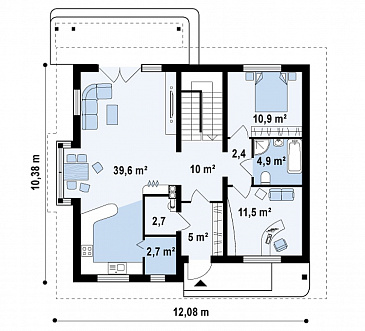 Проект одноэтажного мансардного дома из кирпича с дополнительной ночной зоной на первом этаже / План 1 этажа