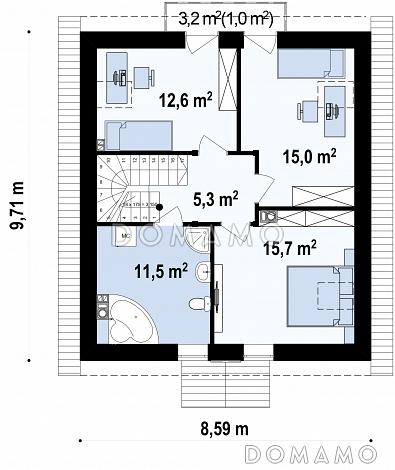 Проект классического мансардного дома из газобетона с кабинетом, с эркером и балконом / План мансардного этажа