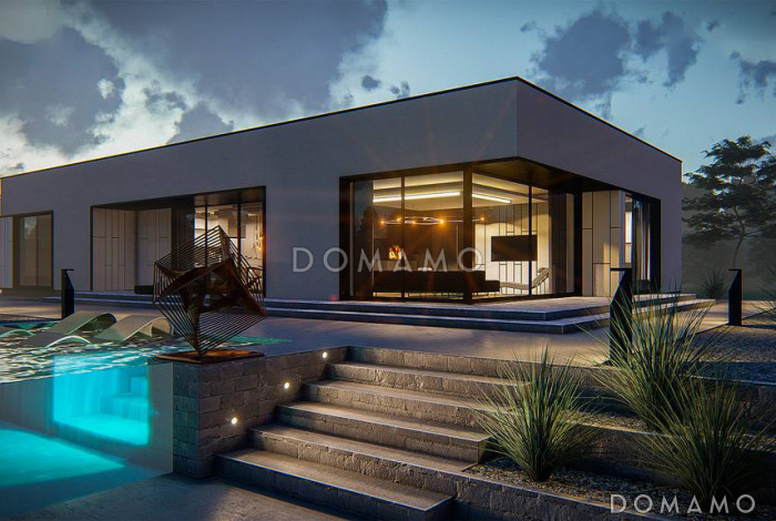 Проект одноэтажного дома из кирпича с просторной гостиной, мастер-спальней и гаражом на 2 машины