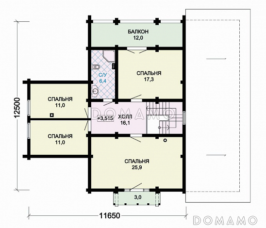 Проект деревянного дома с небольшой парной, просторной террасой и навесом для машины / План мансардного этажа
