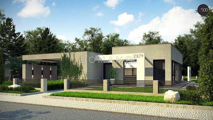 Проект просторного современного одноэтажного дома из газобетона с плоской крышей с четырьмя спальнями, террасой и крытым навесом для двух автомобилей