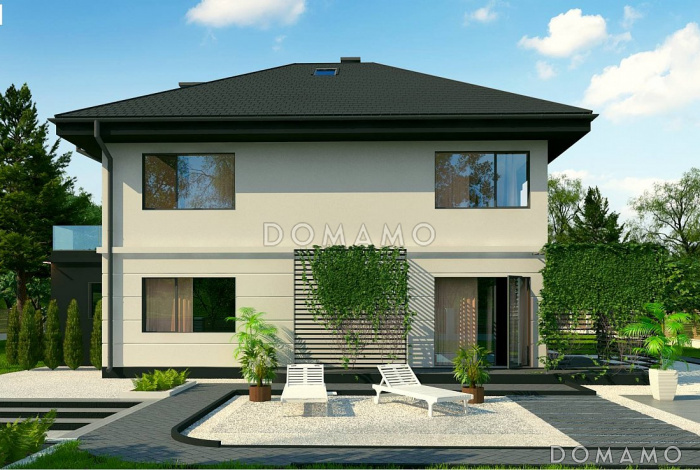 Проект дома для большой семьи с четырьмя спальнями, гаражом и террасой над ним, кухней с кладовой, комнатой отдыха на первом этаже