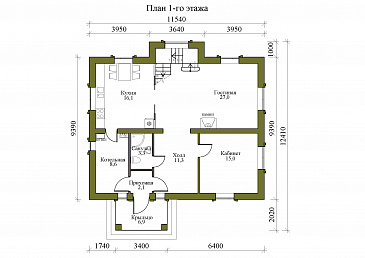 Проект двухэтажного дома с камином в гостиной и тремя спальнями / План 1 этажа