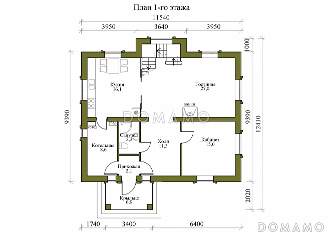 Проект двухэтажного дома с камином в гостиной и тремя спальнями / План 1 этажа