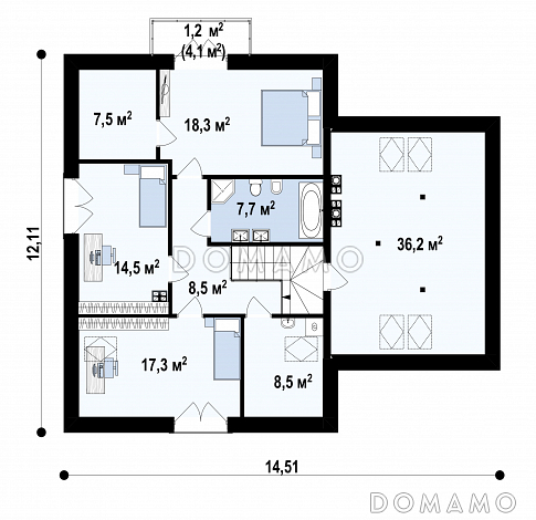 Проект загородного дома с подвалом, гаражом, террасой, кладовой на кухне, балконом / План мансардного этажа